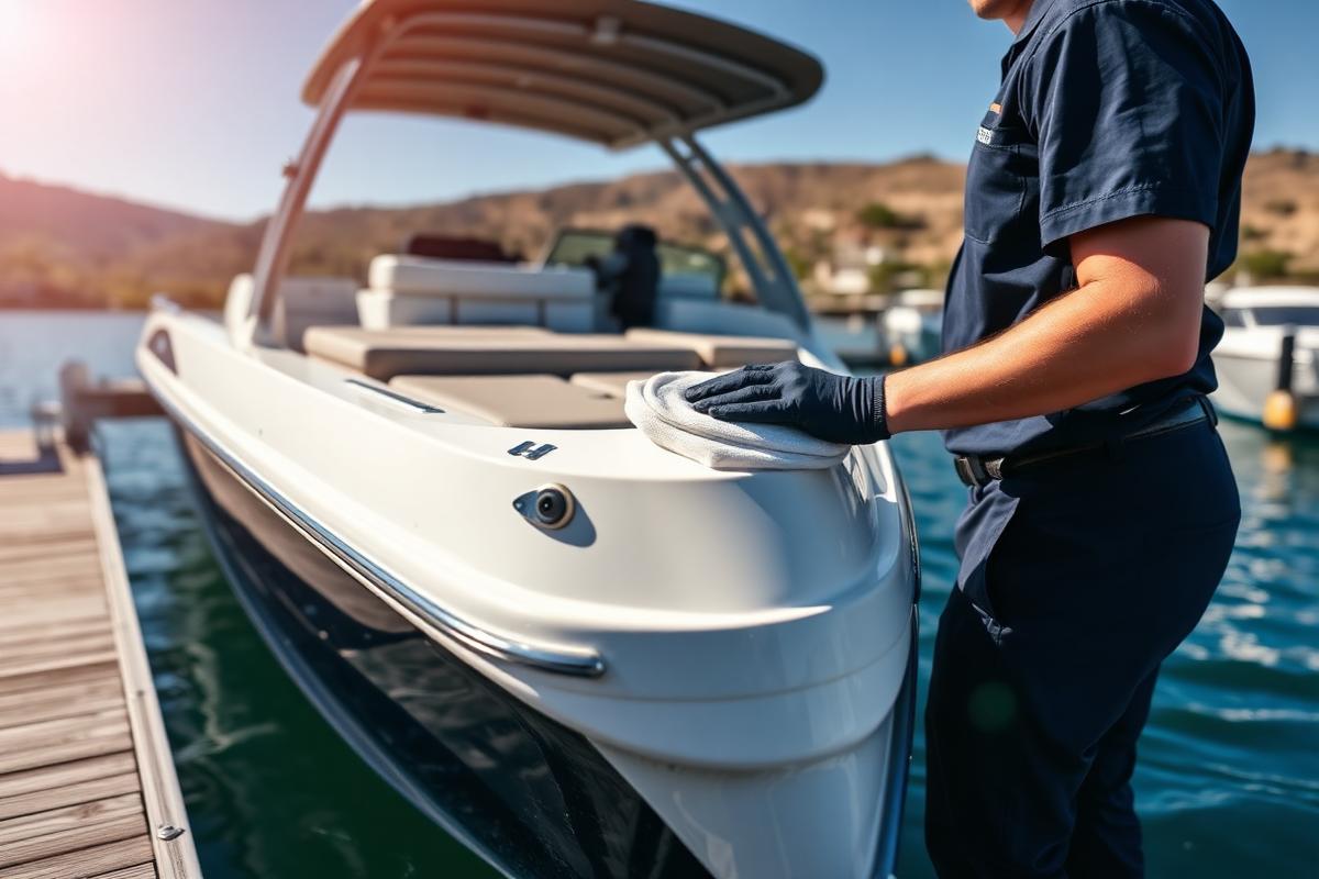Technician buffing the gelcoat of a white boat hull on Lake Travis