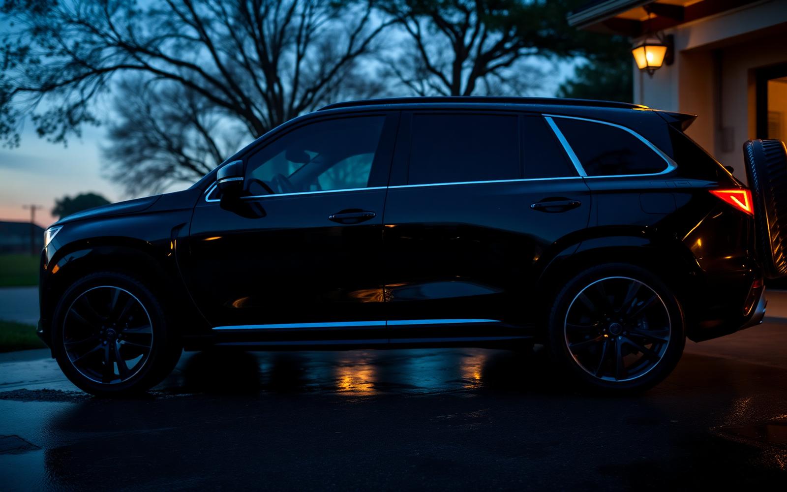 Freshly detailed dark sedan with mirror-gloss paint in an Austin, TX driveway